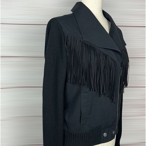 ELLA MOSS Black Lightweight Fringed Moto Jacket Knit Sleeves and Back size S - Picture 5 of 14